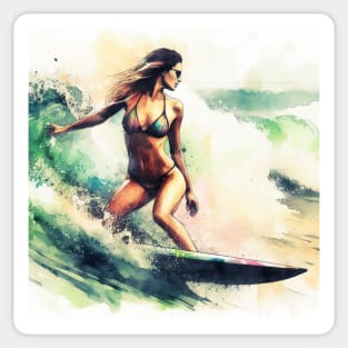 Woman surfing in a bikini Sticker